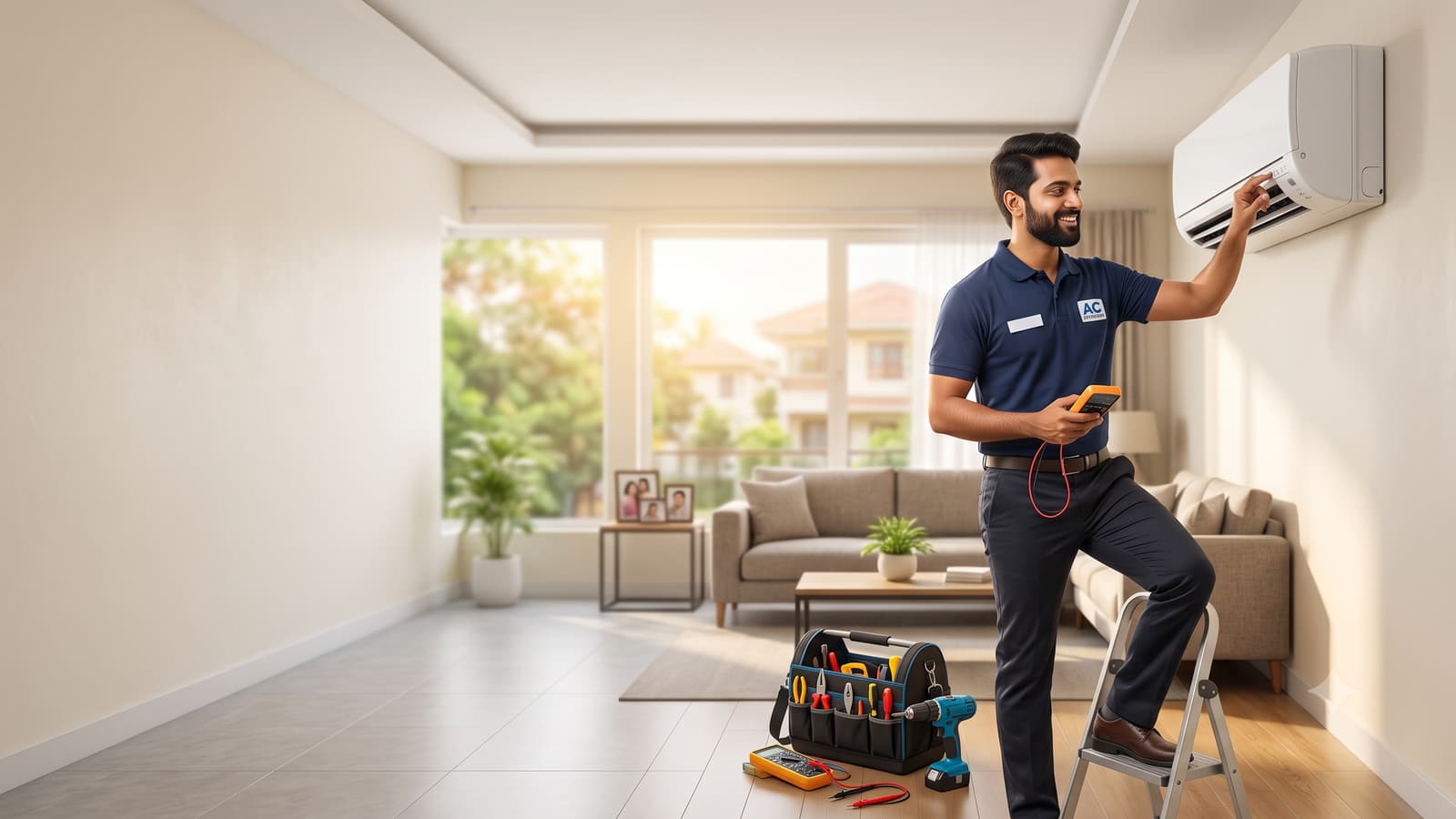 A smiling Indian AC technician in a uniform checking a wall-mounted split AC in a bright living room, with a tool bag beside him.