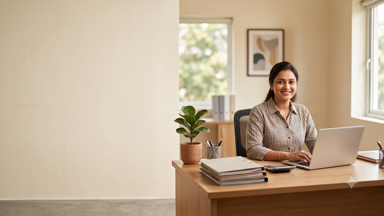 A smiling Indian accountant in formal shirt at a tidy desk with a laptop and files, in a bright small office.