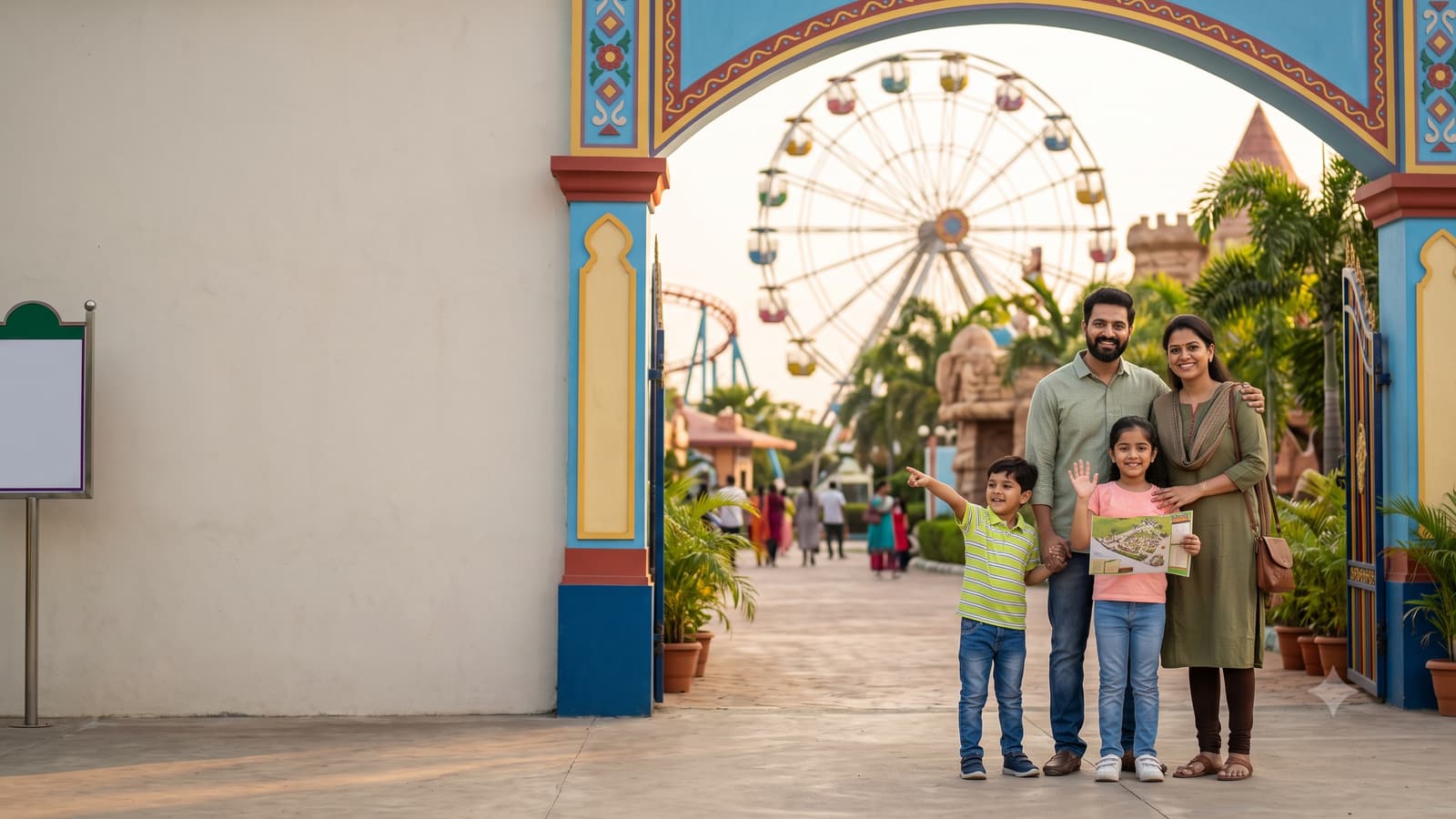 A happy Indian family with two smiling children at the gate of a colourful amusement park, with a ferris wheel in the background.