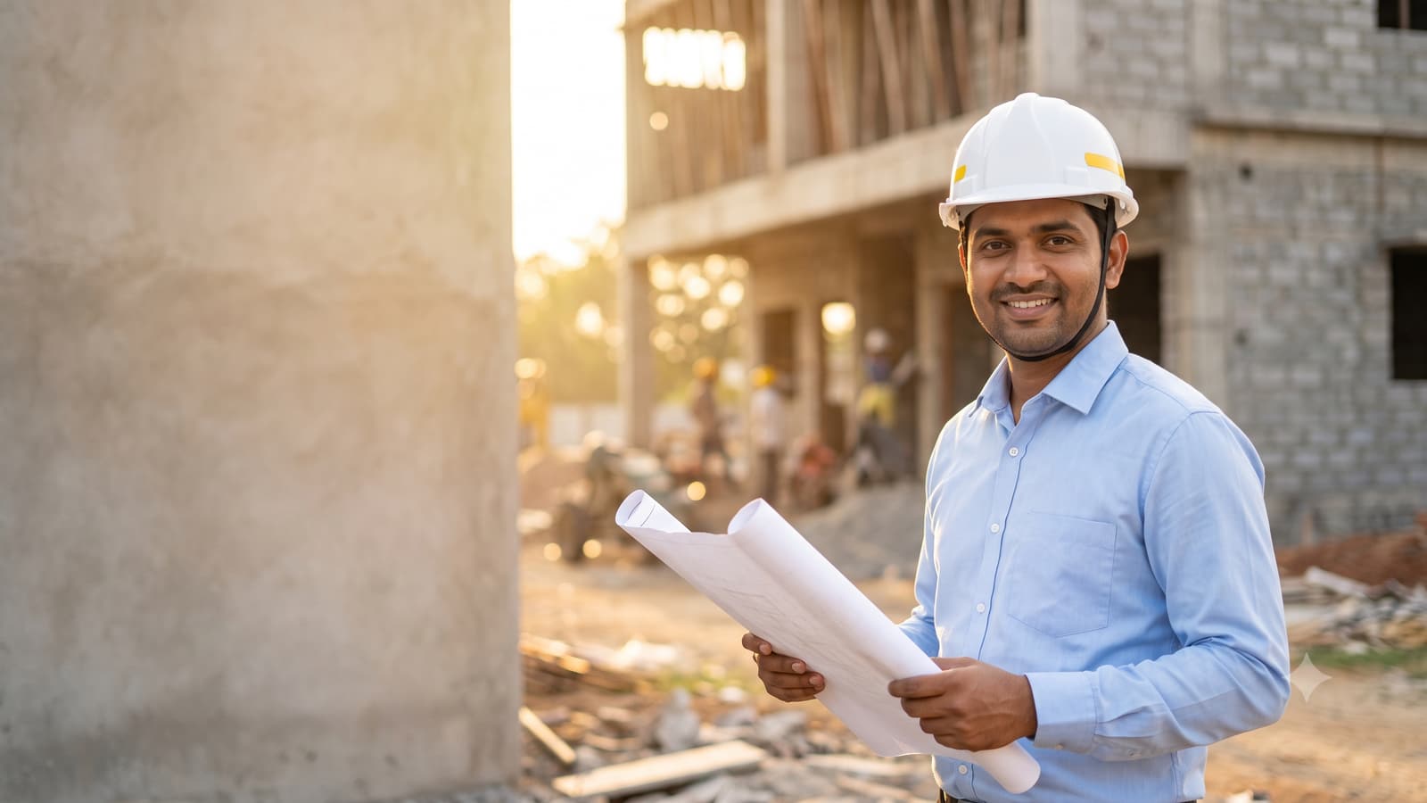 A smiling Indian architect holding rolled building plans at a construction site, wearing a safety helmet, with a half-built house behind.