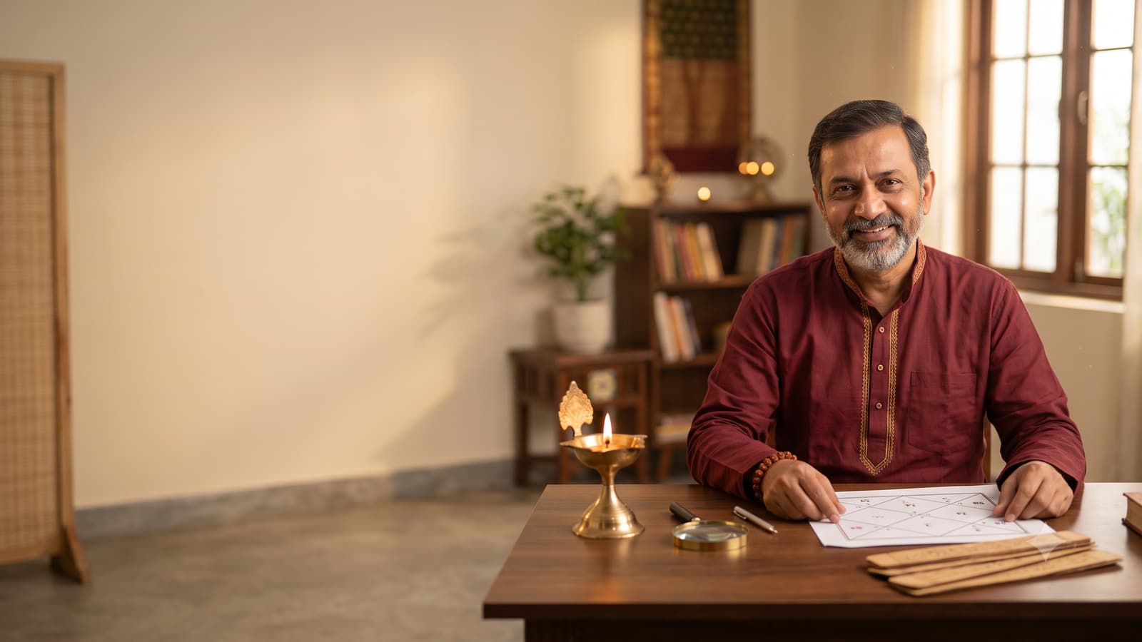 A kind, smiling Indian astrologer in a traditional kurta seated at a desk with a printed birth chart and a small brass lamp, in a calm room.