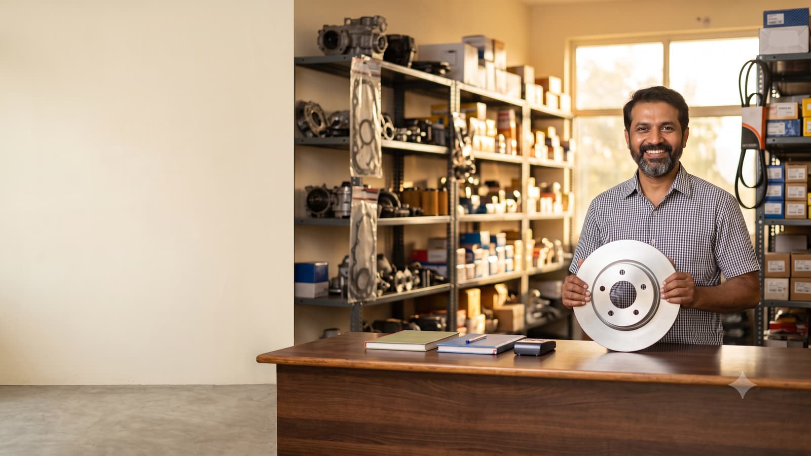 A smiling Indian auto parts shop owner behind a counter holding a car brake disc, with neat shelves of spare parts behind him.