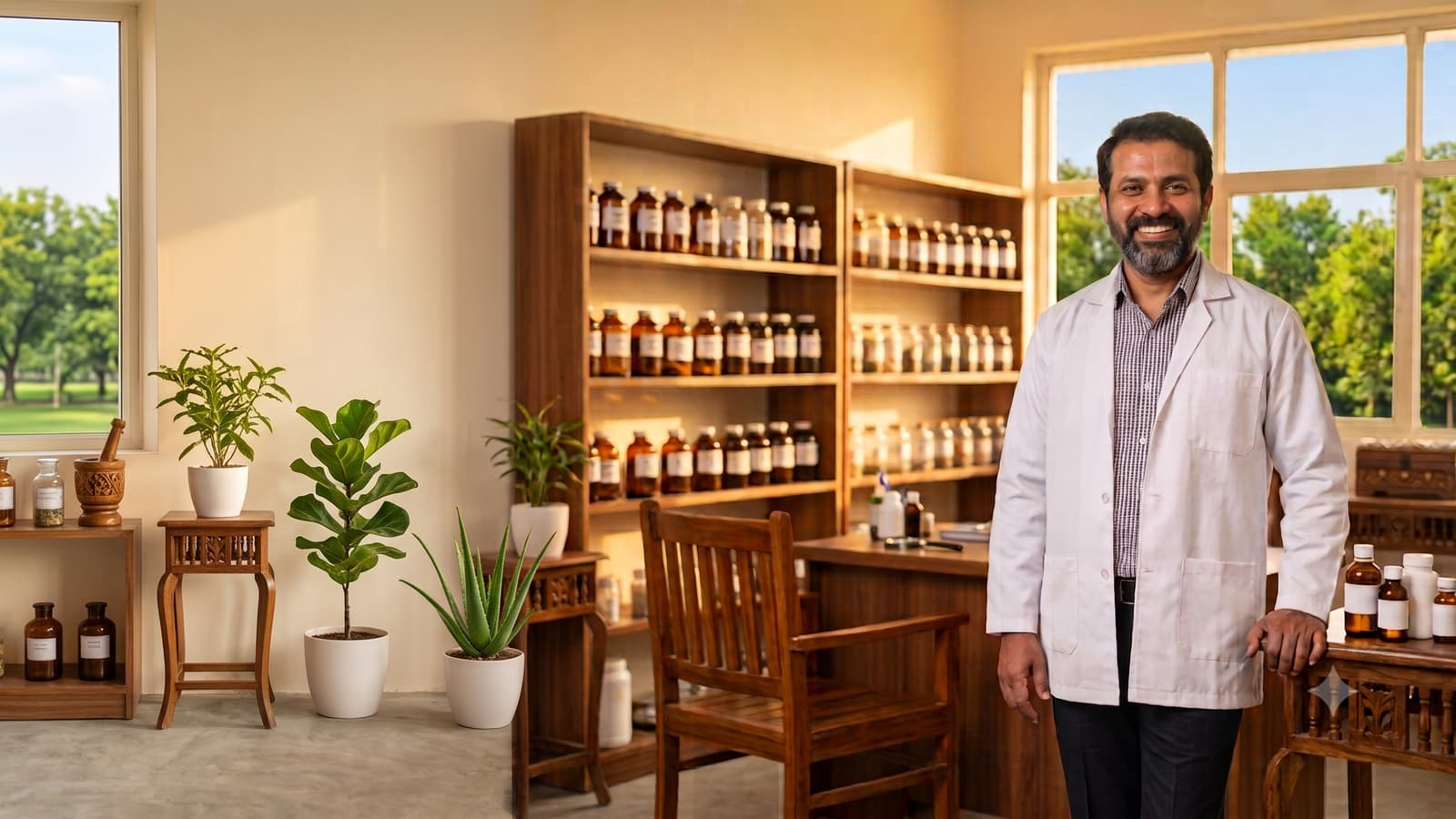 A smiling Indian Ayurveda doctor in a white coat standing in a calm clinic with wooden furniture and herbal jars on shelves.
