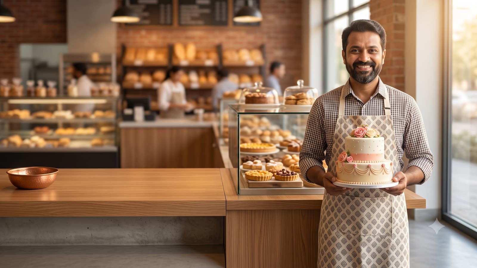 A smiling Indian baker in an apron holding a beautifully decorated birthday cake in a bright bakery with a display counter behind.