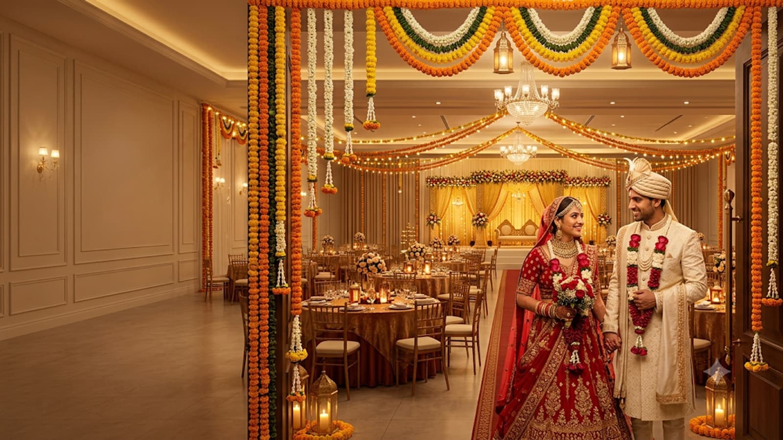 A beautifully decorated Indian wedding banquet hall with marigold garlands, warm lights and a smiling couple at the entrance