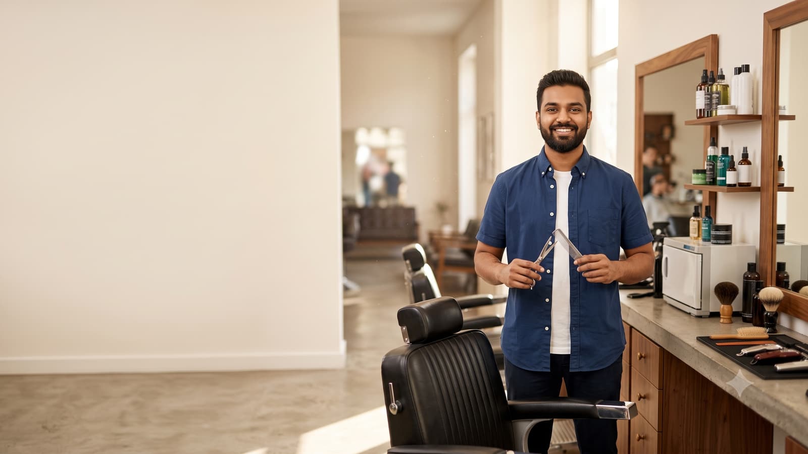 A smiling Indian barber in a neat shirt holding scissors and a comb behind a barber chair in a modern, bright salon.