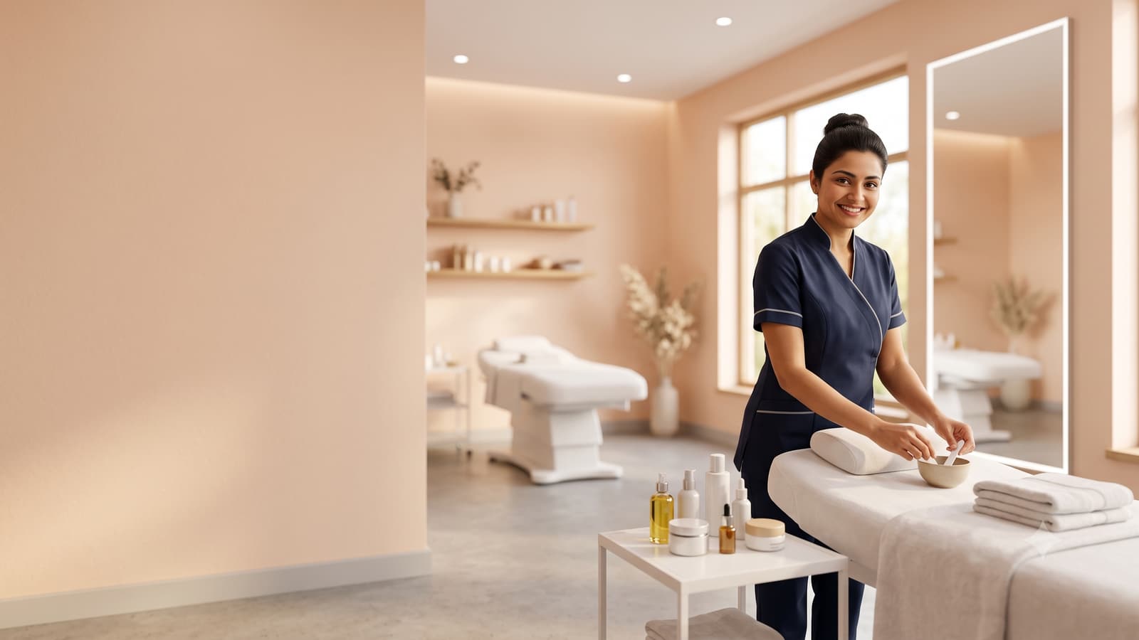A smiling Indian beautician in a neat uniform setting up a facial in a bright, clean beauty parlour with a mirror and soft lights.