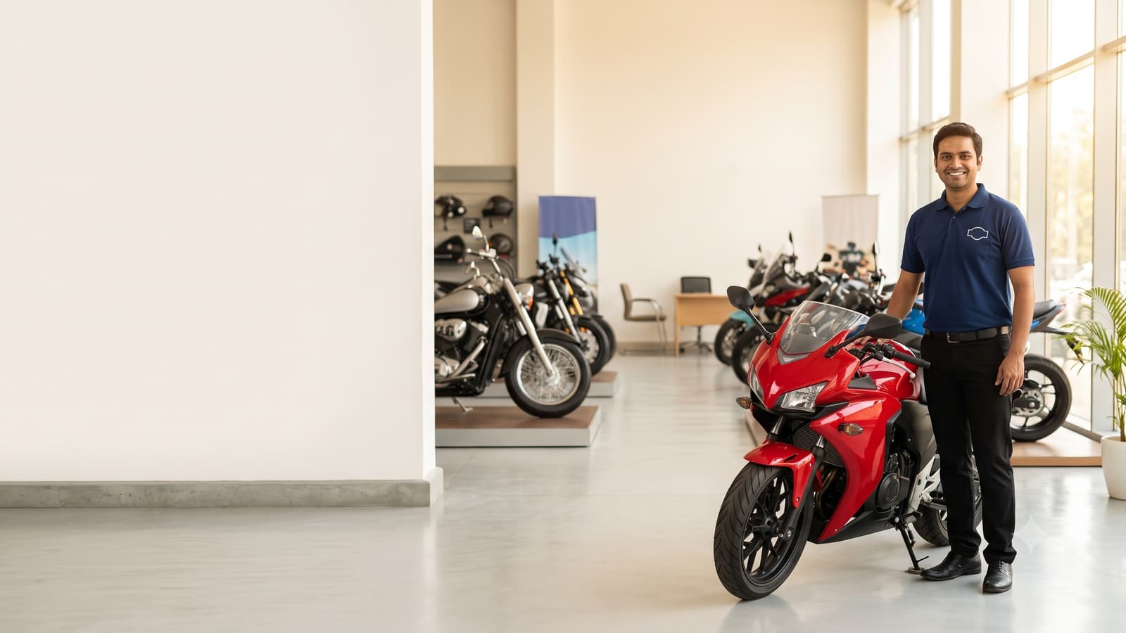 A smiling Indian bike showroom executive standing beside a new red motorcycle in a bright showroom with other bikes in the background.