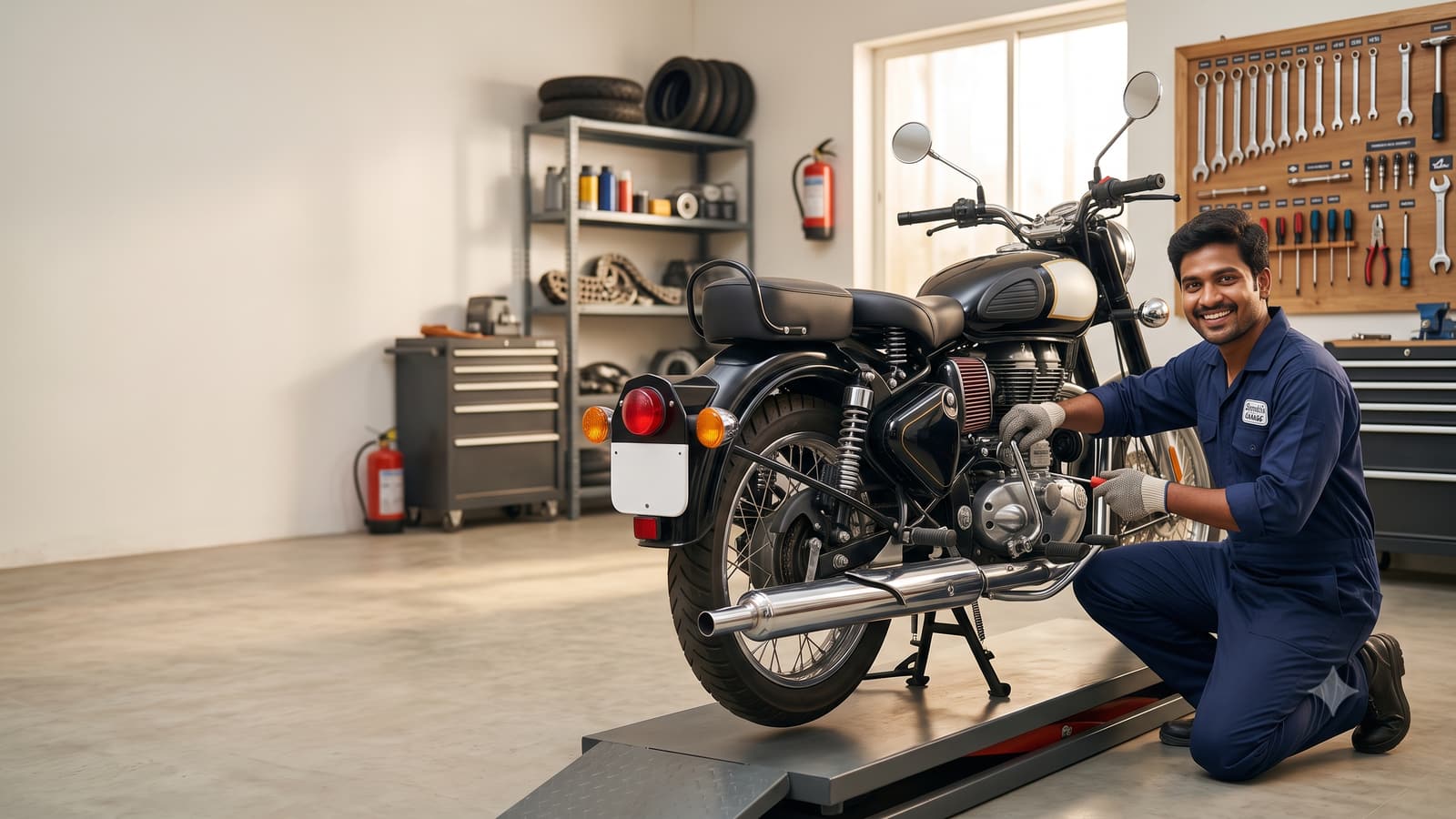 A smiling Indian bike mechanic in a work shirt checking a motorcycle engine in a tidy workshop with tools on a wall board.