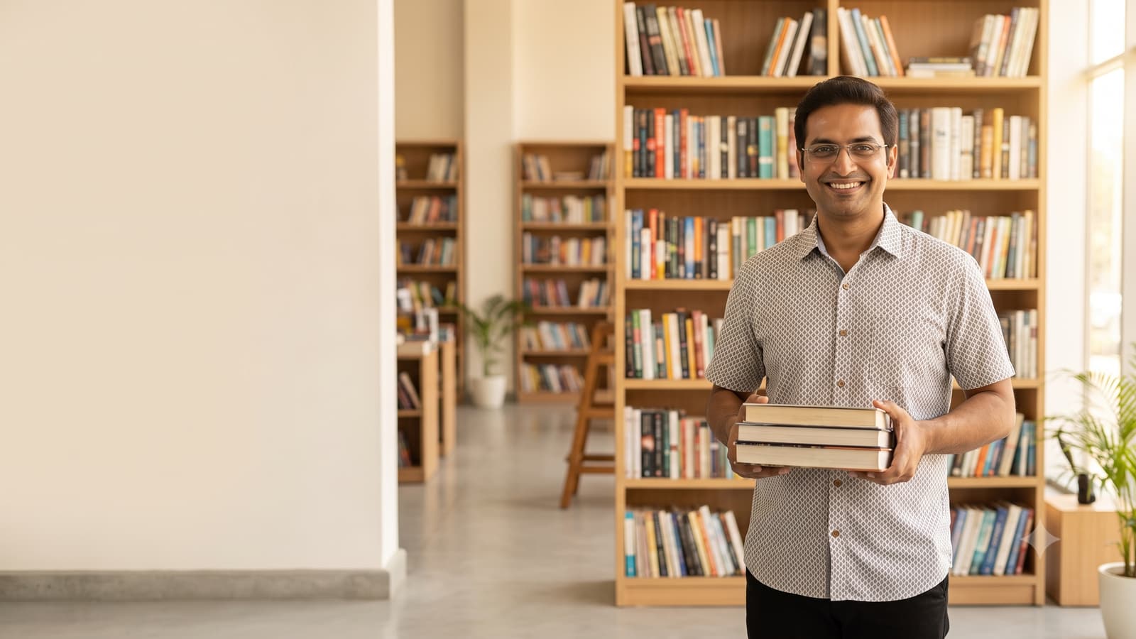 A smiling Indian bookshop owner with glasses holding a few books, standing in a cosy bookstore with tall shelves full of books.