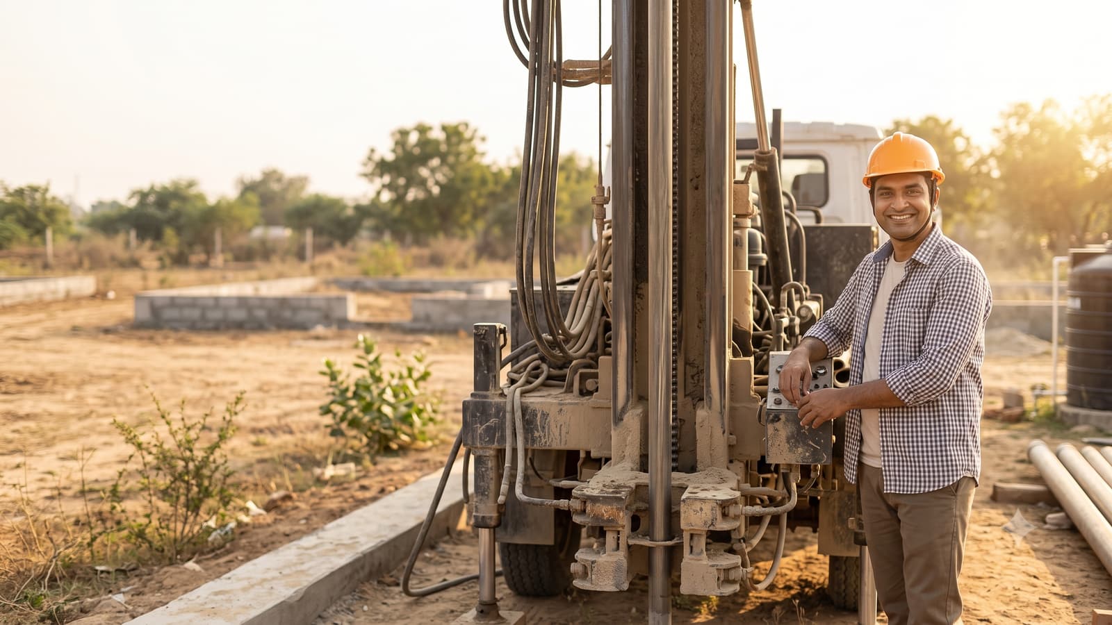 A smiling Indian borewell contractor in a safety helmet standing beside a drilling rig on an open plot on a sunny day.