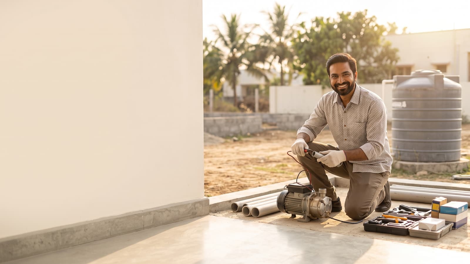A smiling Indian technician in a work uniform checking a borewell pipe and motor on a small plot, with a water tank in the background.