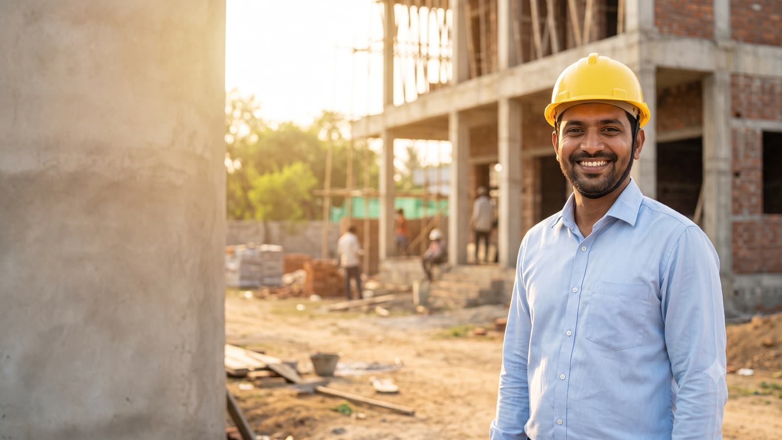 A smiling Indian builder in a safety helmet and a light shirt standing in front of a new two-storey house under construction on a sunny day.
