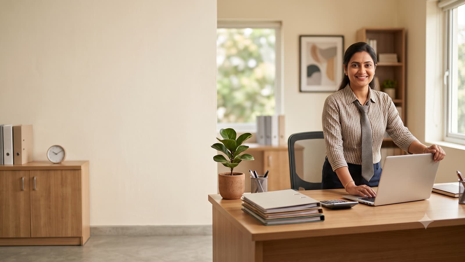 A smiling Indian chartered accountant in a formal shirt and a tie at a desk with a laptop and files in a bright office.