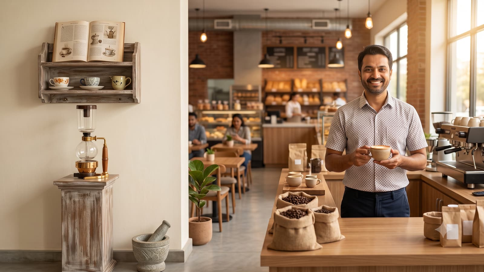 A smiling Indian cafe owner behind a coffee counter holding a cup of coffee, in a cosy cafe with warm lights and wooden tables.