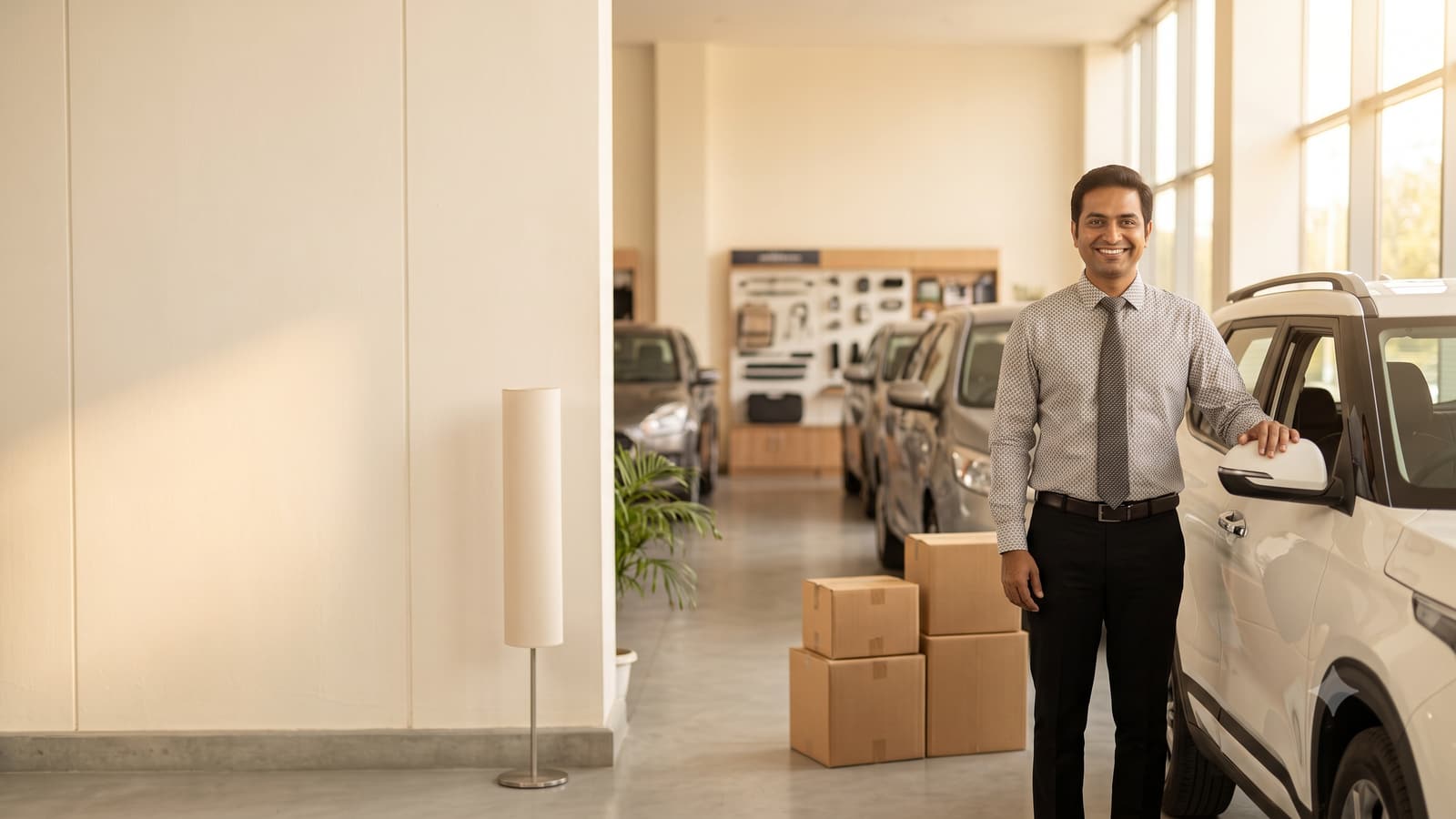 A smiling Indian car showroom executive in a formal shirt standing beside a new white SUV in a bright showroom.