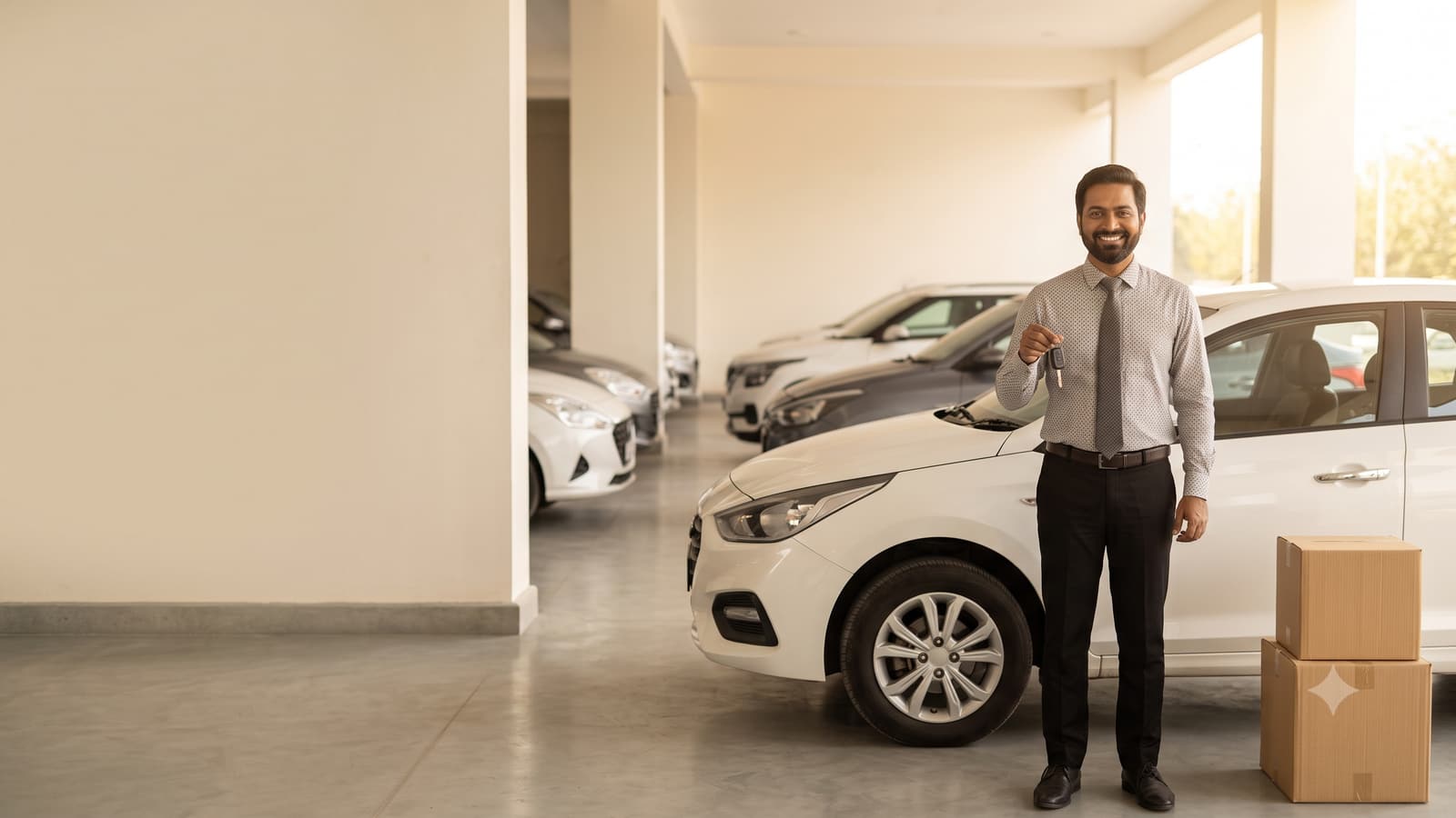 A smiling Indian car rental owner holding car keys beside a clean white sedan in a bright parking area.