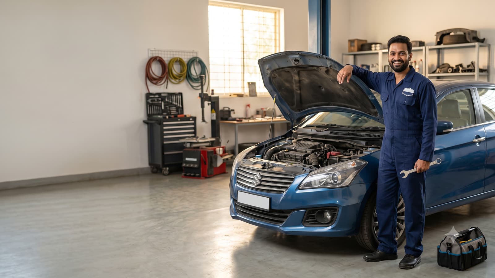 A smiling Indian car mechanic in a work uniform standing next to a car with its bonnet open in a tidy garage.