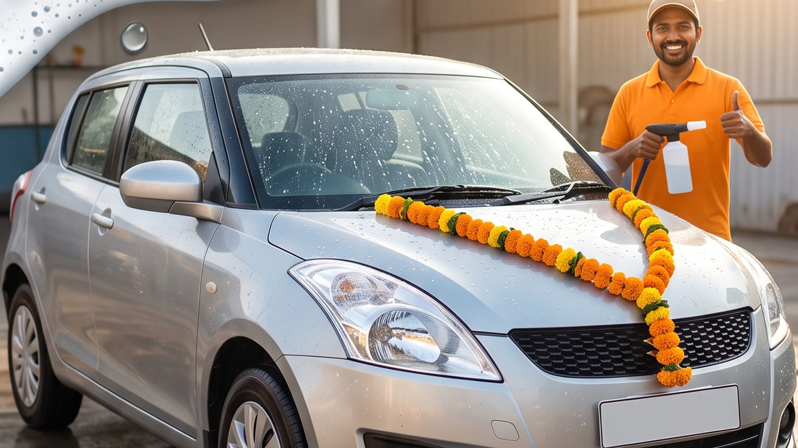 A smiling car wash professional beside a clean silver car decorated with a marigold garland