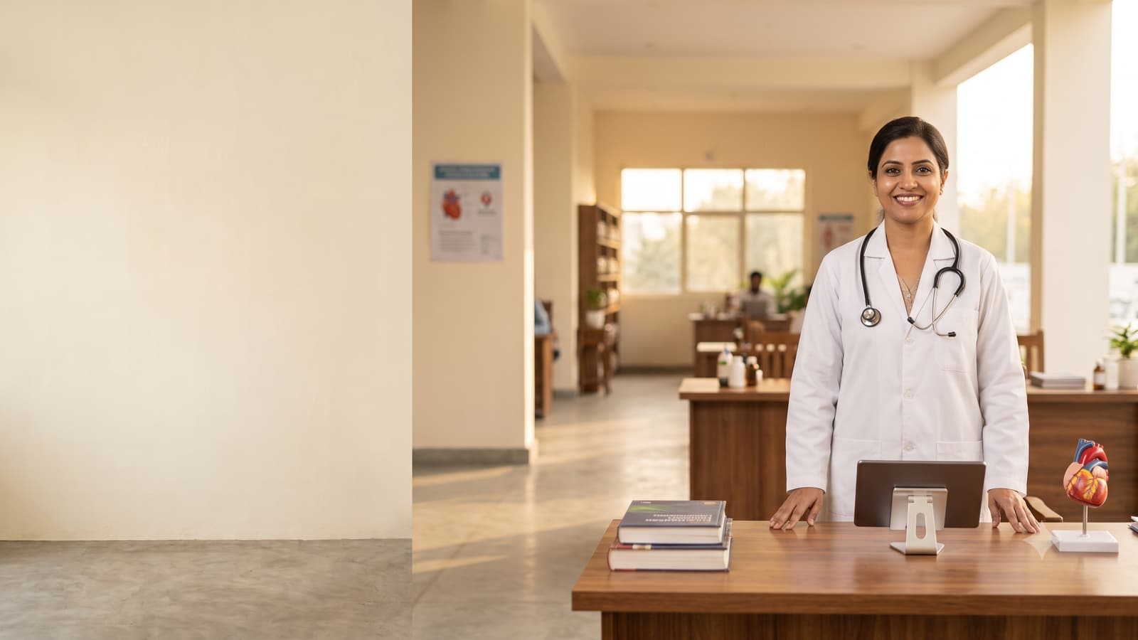 A smiling Indian cardiologist in a white coat with a stethoscope standing in a calm, bright clinic with a desk behind.