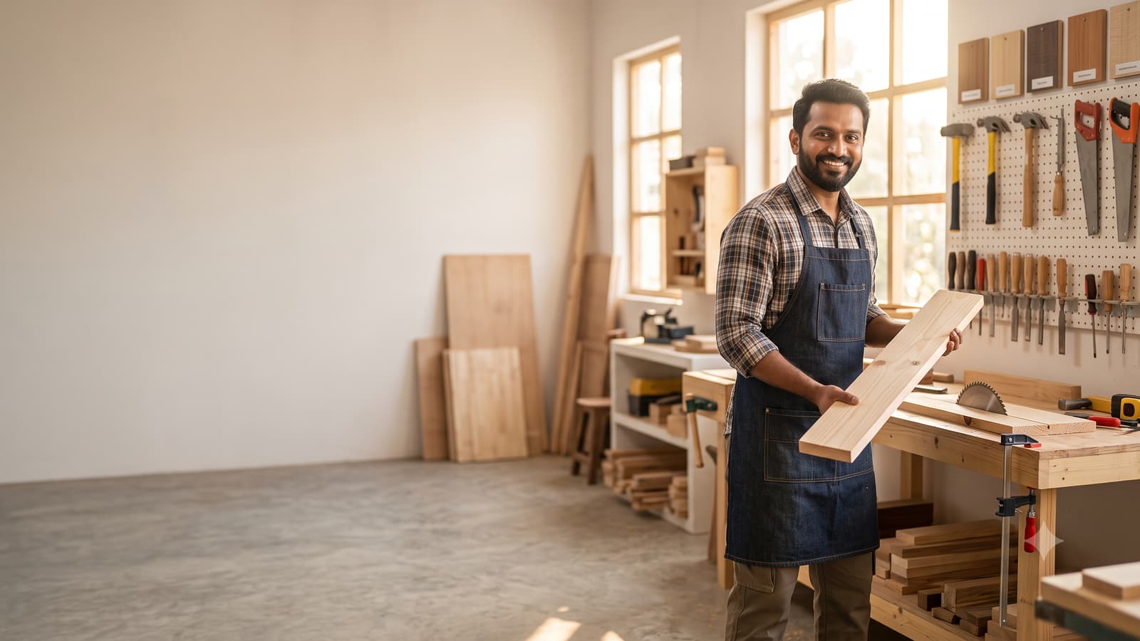 A smiling Indian carpenter in a work apron holding a wooden plank in a bright workshop with tools on the wall.