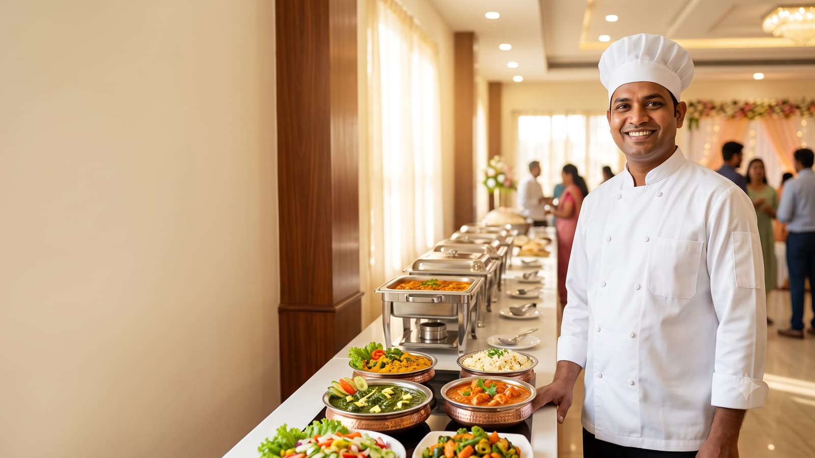 A smiling Indian catering chef in a white uniform and cap standing beside a neat buffet counter with colourful dishes.