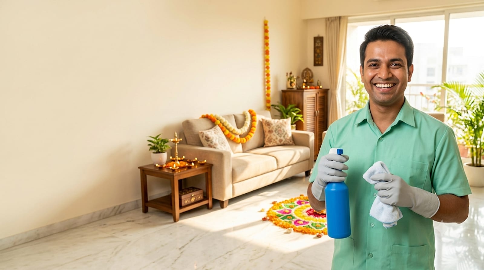 A smiling cleaning professional in a bright, spotless Indian living room decorated with diyas and marigold flowers