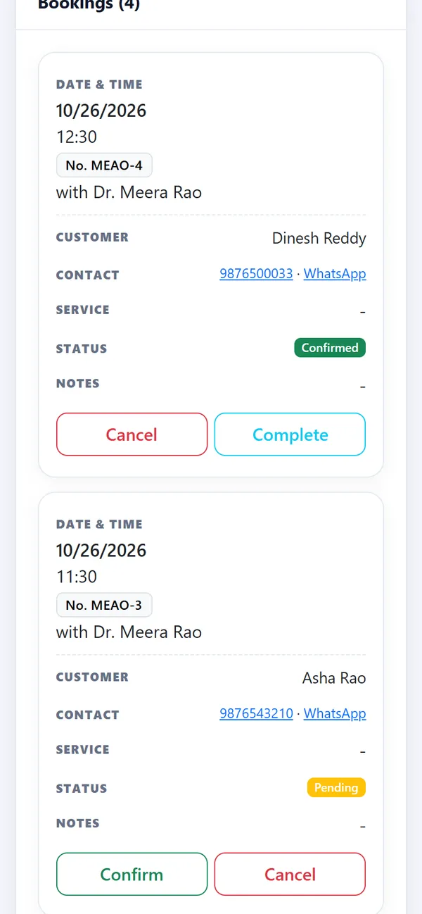 The clinic's bookings as cards on a phone, each with the patient, the time, the status and buttons to confirm or cancel