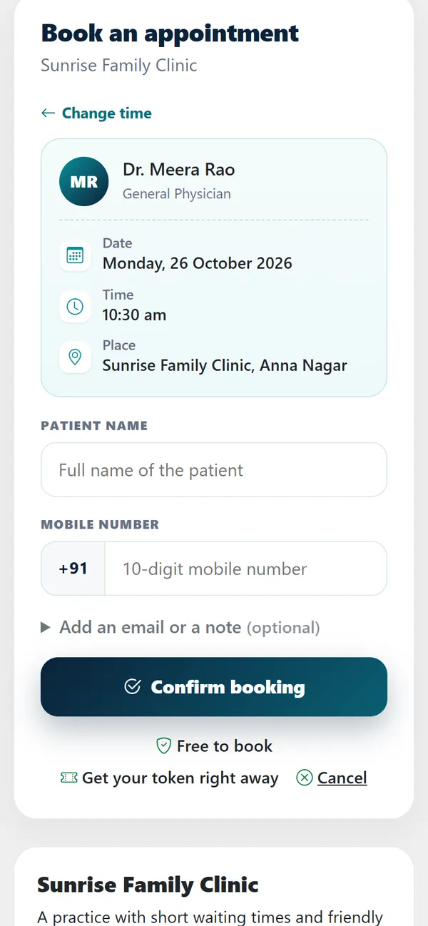 The confirm step: the doctor, the day, the time and the place, with fields for the patient's name and mobile number