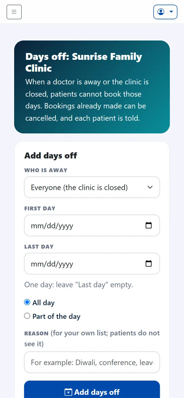 The days-off form: who is away, the first and last day, all day or part of the day