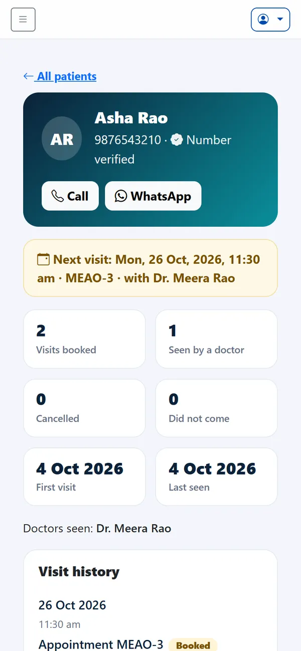One patient's page with the next visit, the number of visits and the full visit history