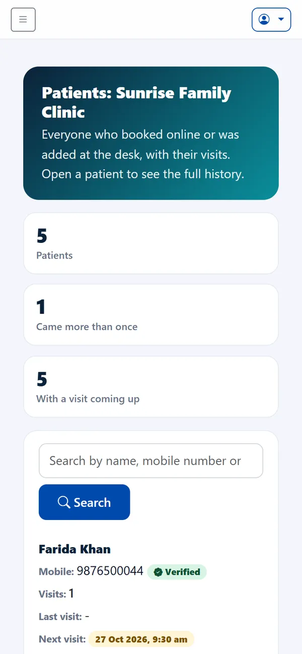 The patient list: total patients, who came more than once, and each patient's number and next visit