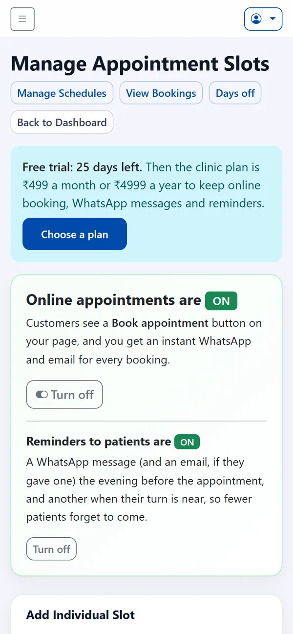 The appointments settings page with online appointments on and a switch for reminders to patients