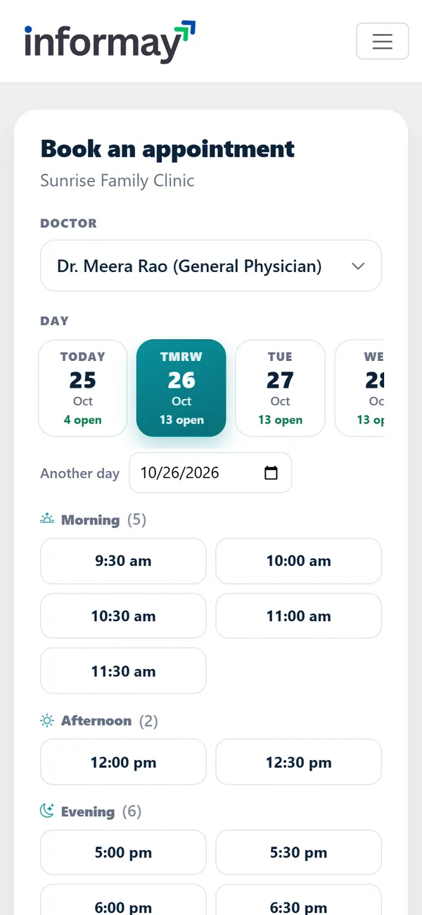 Booking page of a sample clinic: a row of days and the open times as buttons, grouped into morning, afternoon and evening