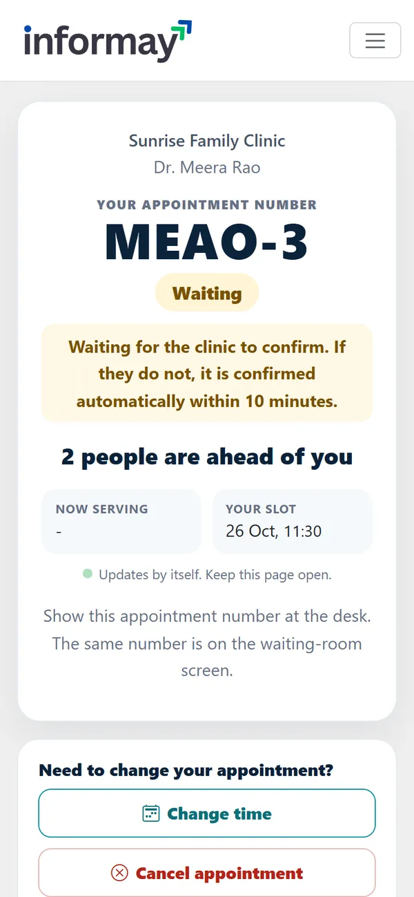 The patient's status page showing the appointment number MEAO-3, how many people are ahead, and the booked slot