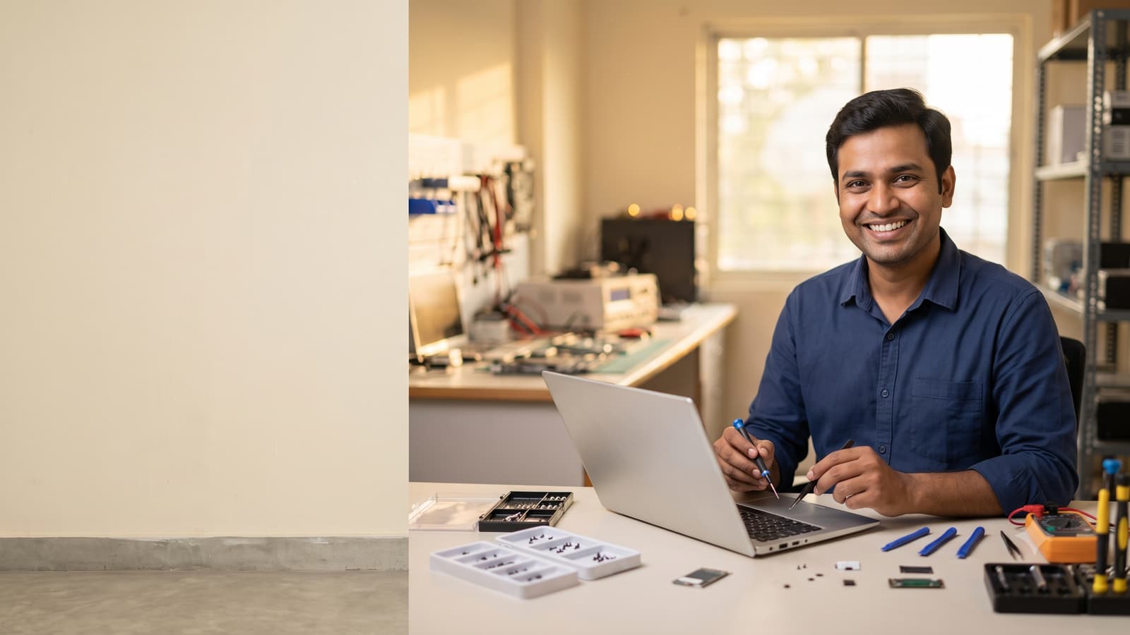 A smiling Indian computer technician in a casual shirt repairing a laptop on a clean workbench with small tools.