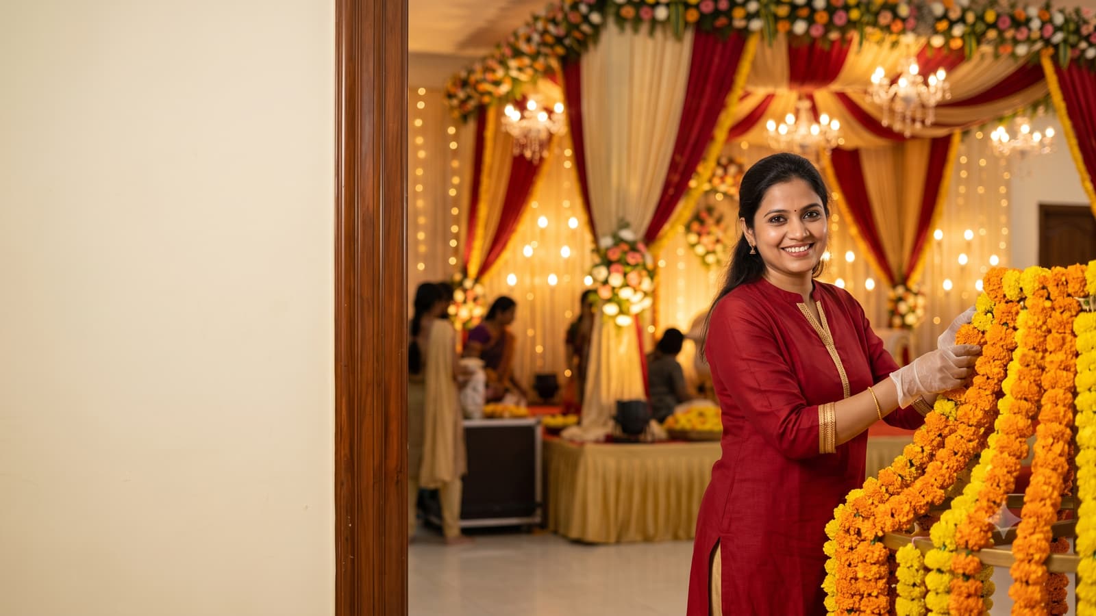 A smiling Indian event decorator arranging marigold flowers on a decorated wedding stage with warm lights.