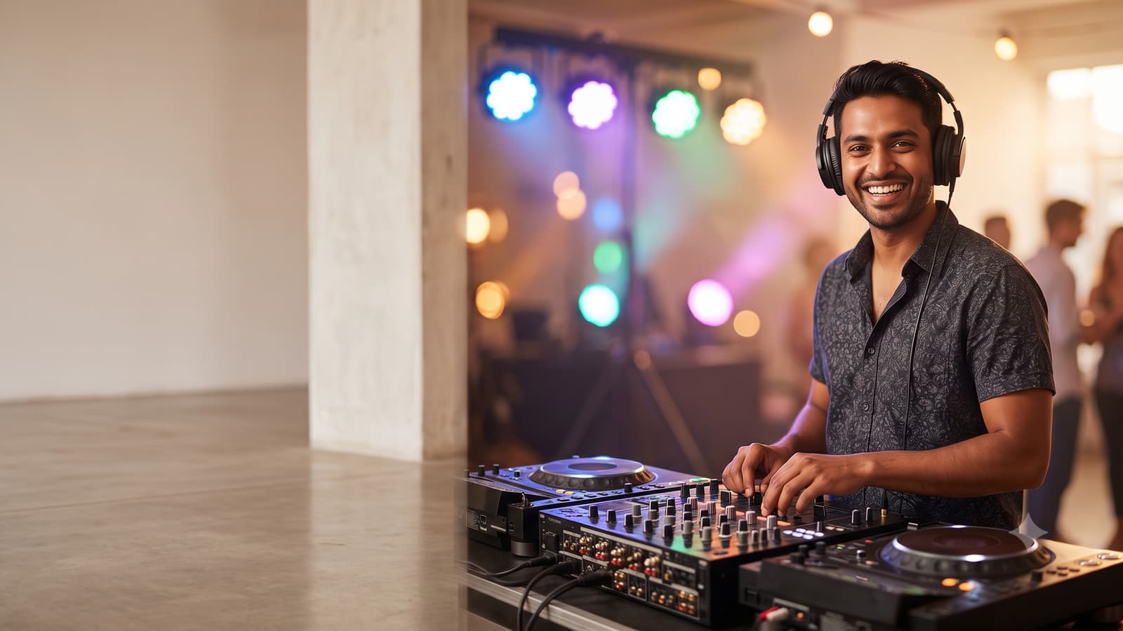 A smiling Indian DJ wearing headphones at a console with colourful party lights glowing behind him.