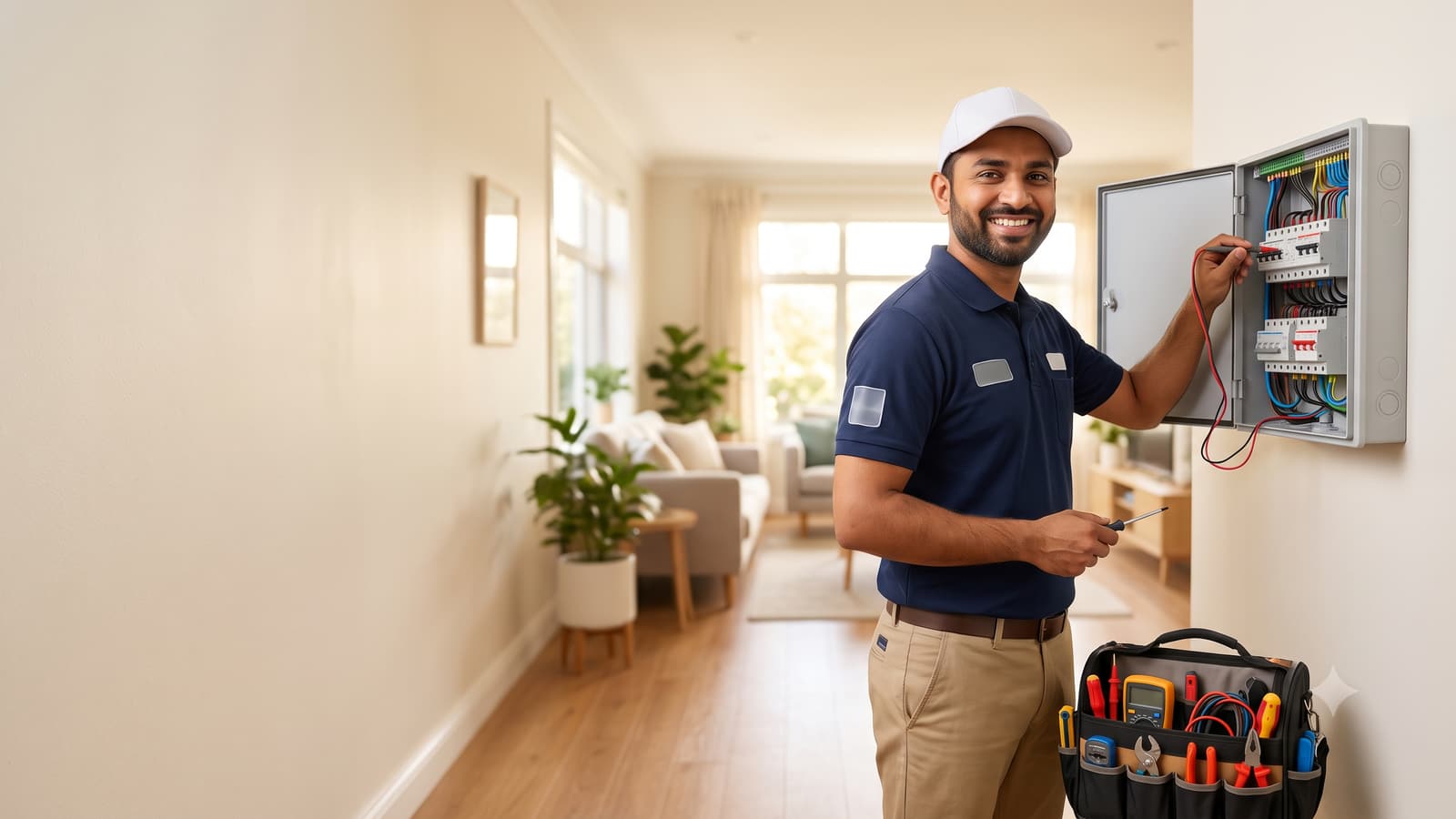 A smiling Indian electrician in a uniform and a safety cap checking a switchboard in a bright home, with a tool bag beside him.