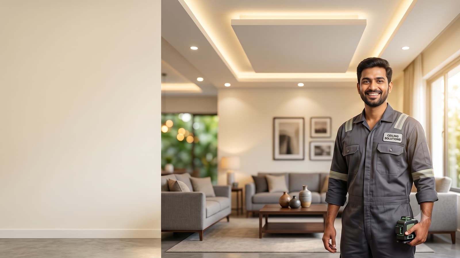 A smiling Indian ceiling contractor in a work shirt standing in a living room with an elegant false ceiling with cove lights above him.