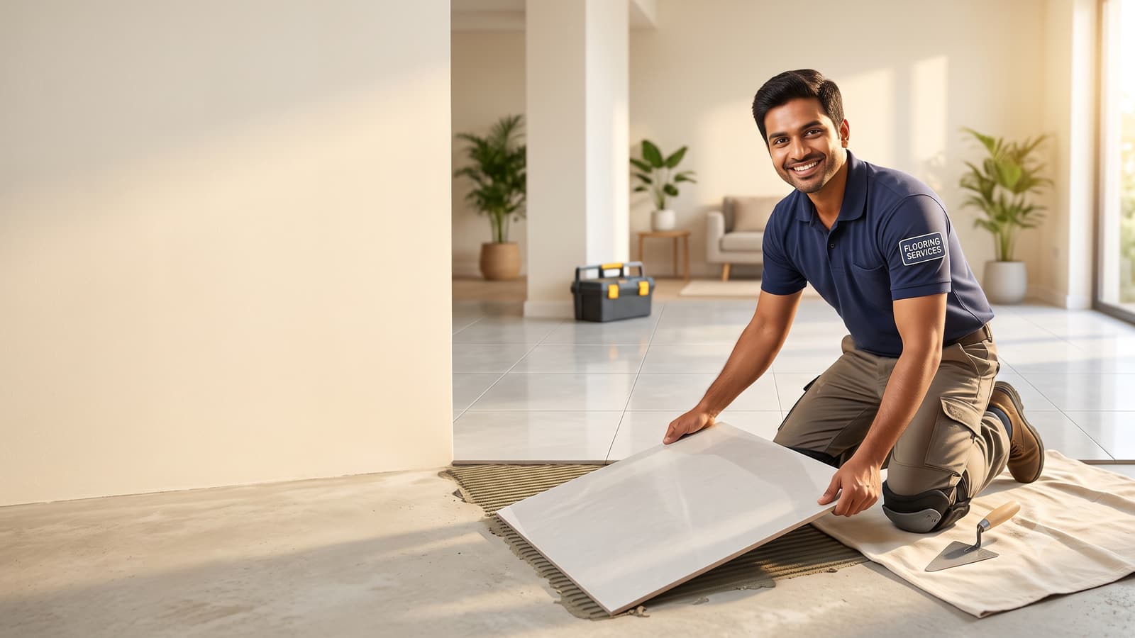 A smiling Indian flooring contractor kneeling and laying a large light tile in a bright room with new flooring behind him.