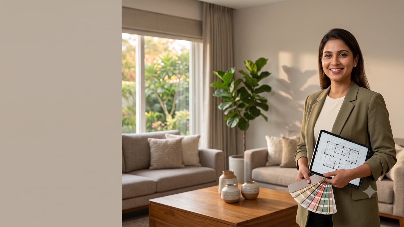 A smiling Indian interior designer holding a tablet and a colour swatch in a beautifully furnished modern living room.