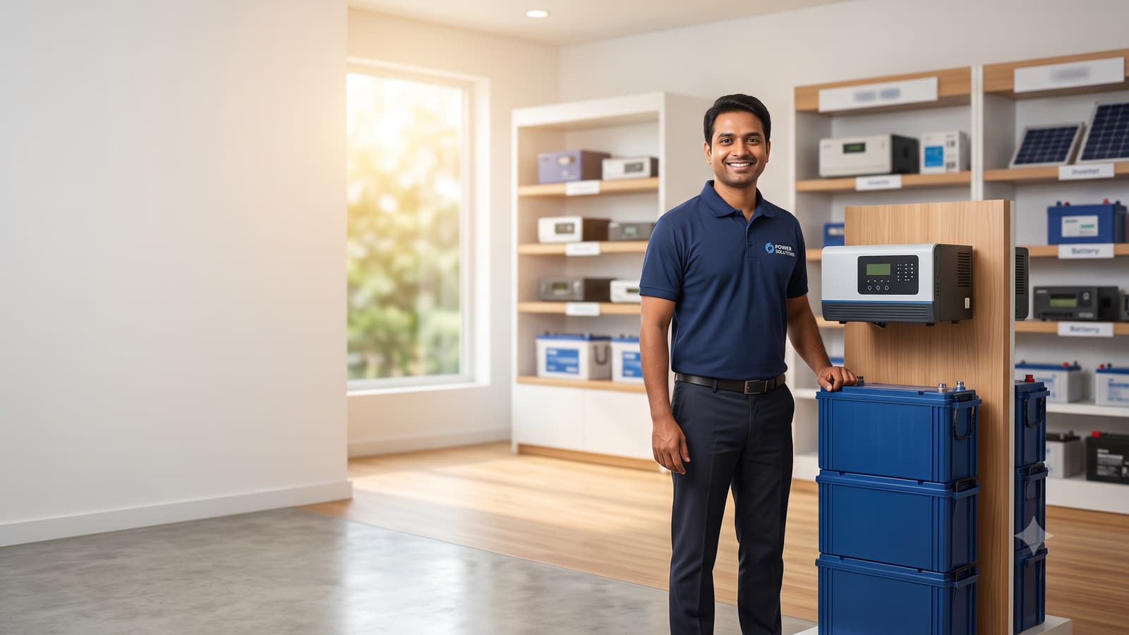 A smiling Indian inverter dealer in a company shirt standing beside an inverter and tall batteries in a neat showroom.