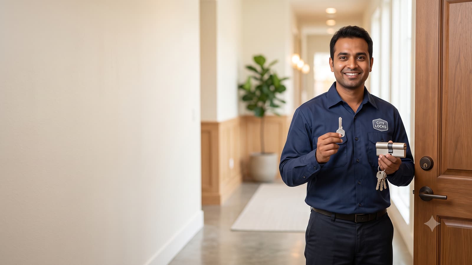 A smiling Indian locksmith in a work shirt holding a key and a lock beside a wooden door in a bright hallway.