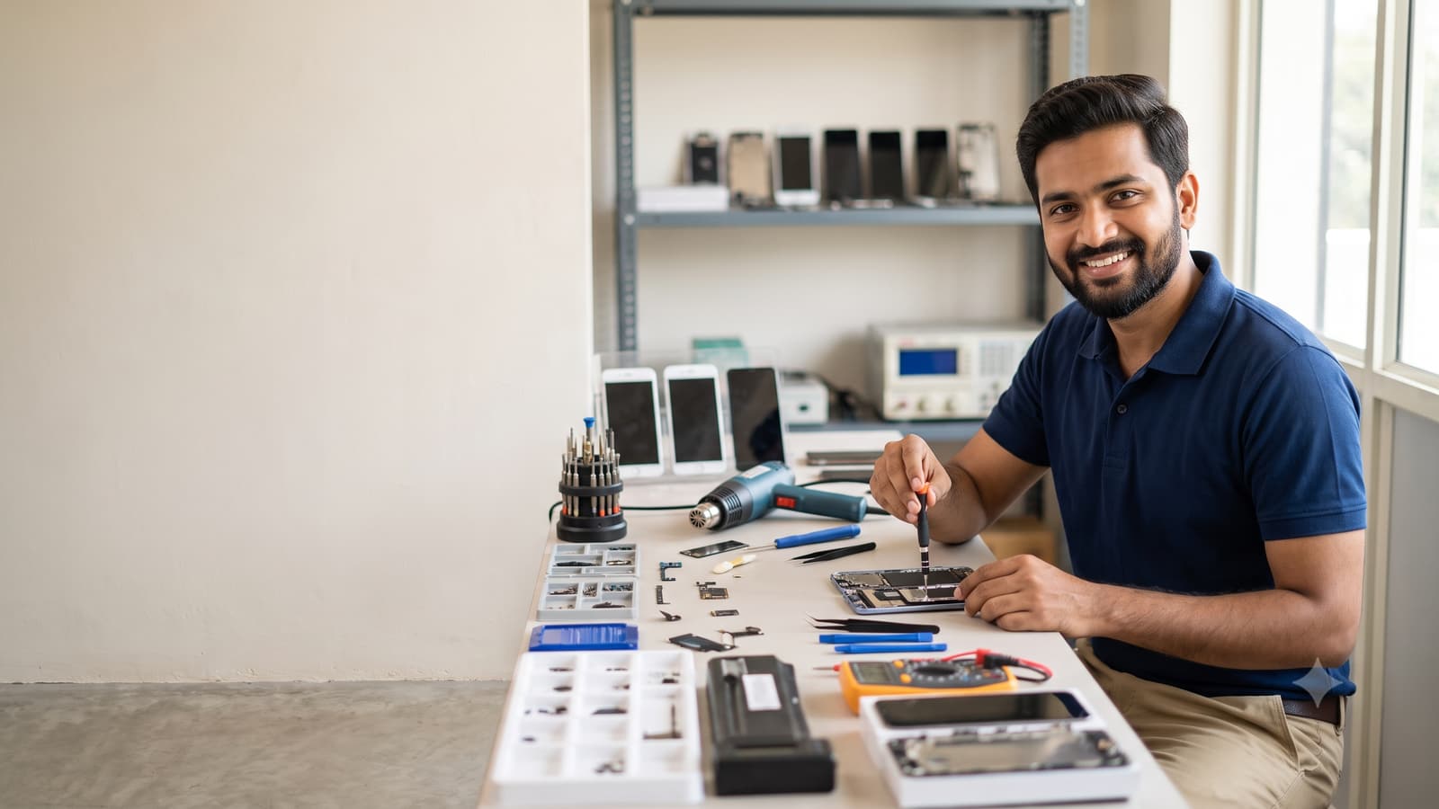 A smiling Indian mobile repair technician with a small screwdriver repairing a smartphone at a tidy workbench in a bright shop.