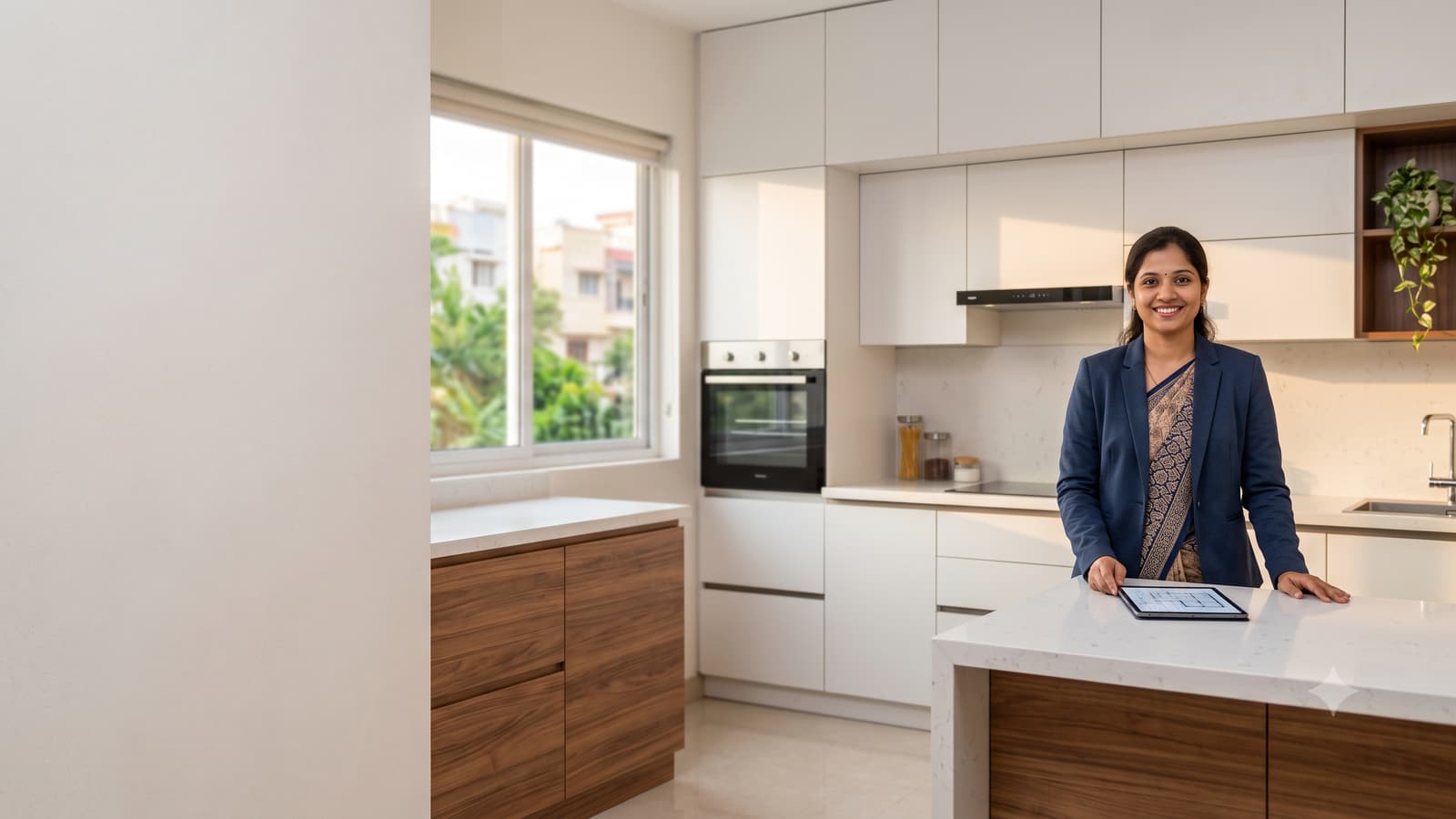 A smiling Indian modular kitchen designer standing beside a stylish modern kitchen with white and wooden cabinets.