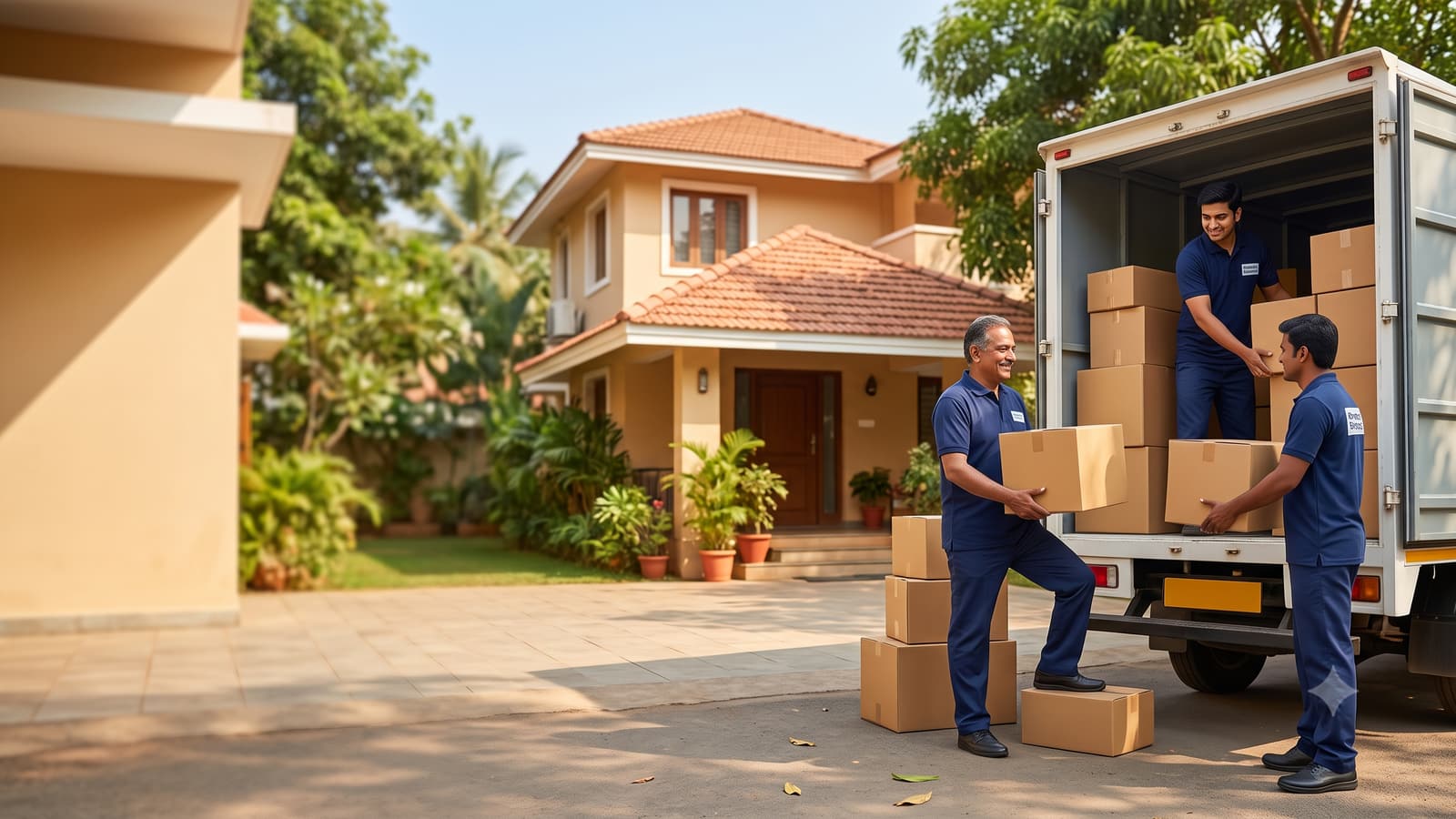 A smiling Indian packers and movers team in matching uniforms loading boxes into a truck outside a home on a sunny day.