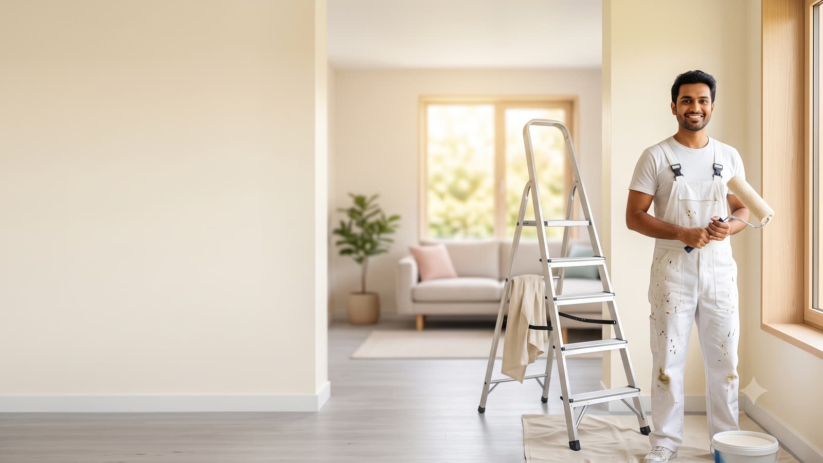 A smiling Indian painter in white overalls with a paint roller in a freshly painted bright living room with a ladder.