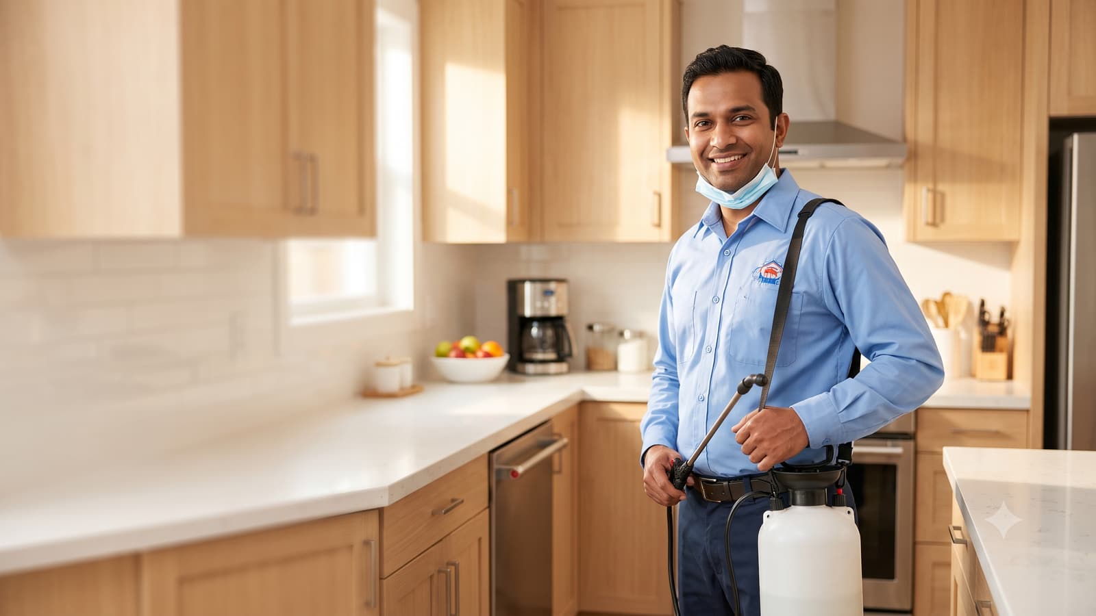 A smiling Indian pest control technician in a uniform and a mask pulled down, holding a sprayer in a bright, clean kitchen.