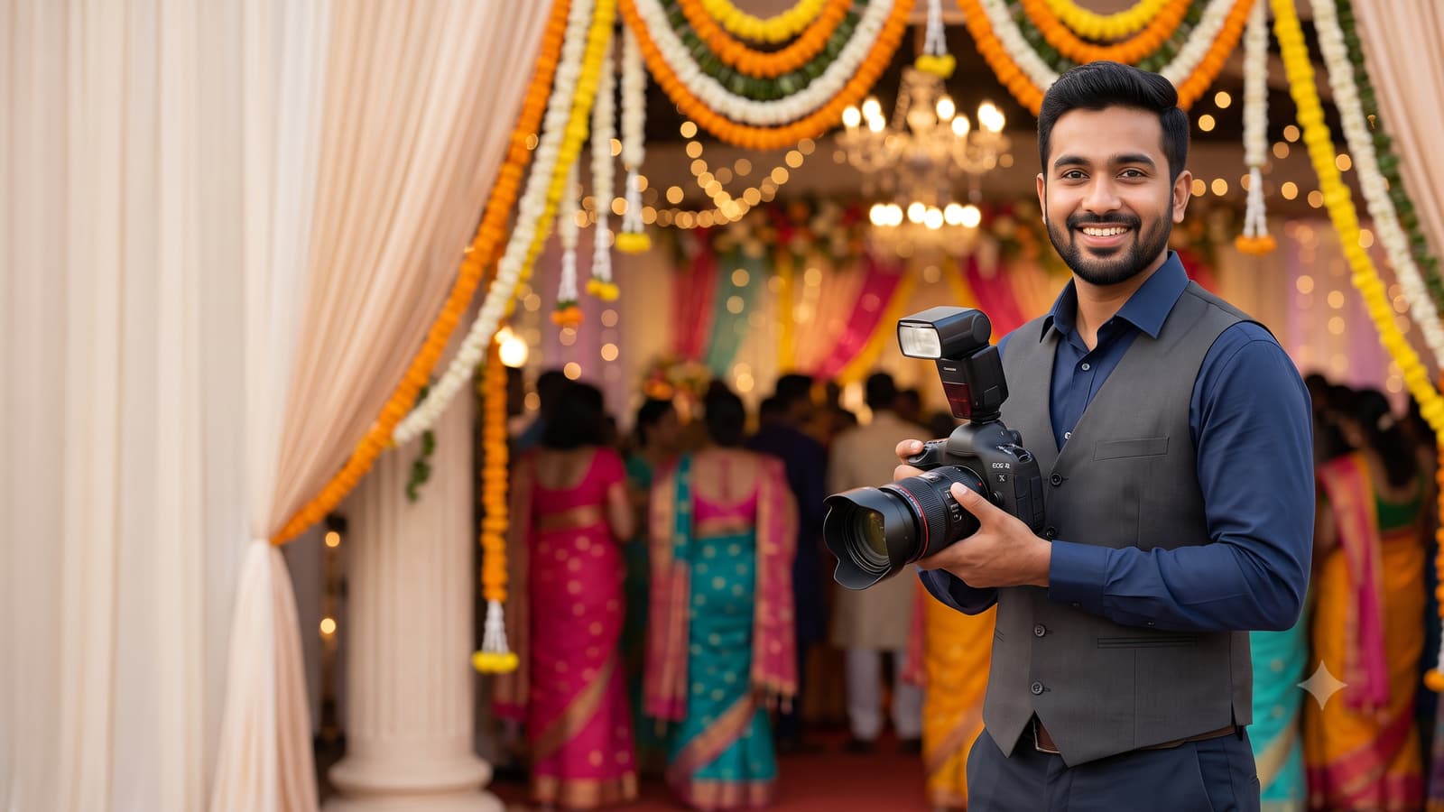 A smiling Indian photographer holding a professional camera with a decorated wedding venue blurred behind him.